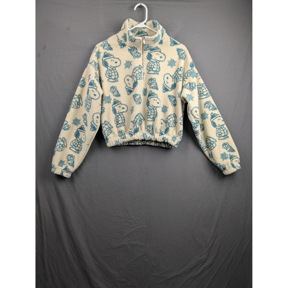 Peanuts Snoopy Sherpa Fleece Quarter Zip Pullover Jacket Cream Blue Cropped S